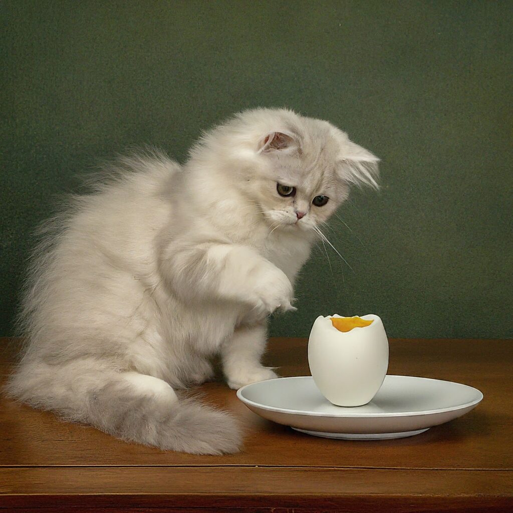 A cute kitten looking at a cracked eggshell, wondering if kittens can eat eggs.