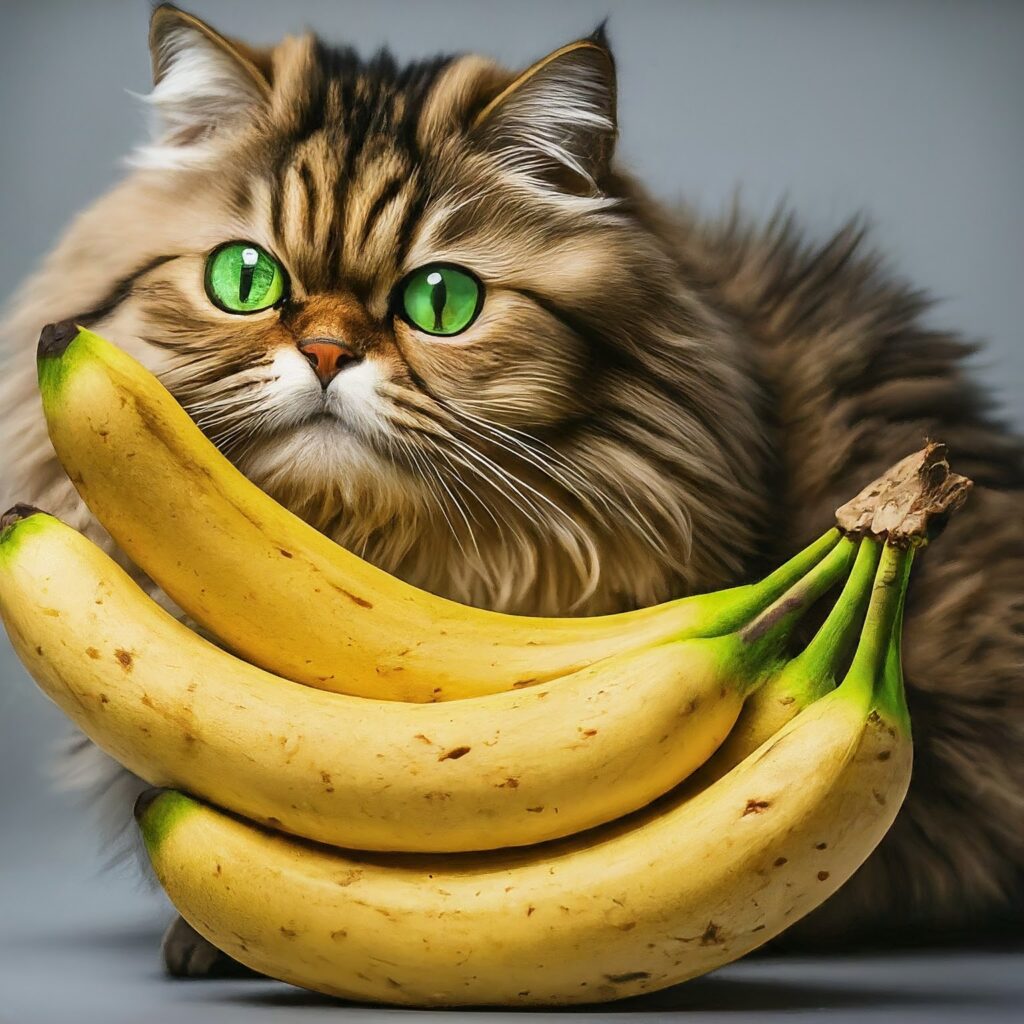A Persian cat sitting next to a bunch of bananas, with a questioning expression.
