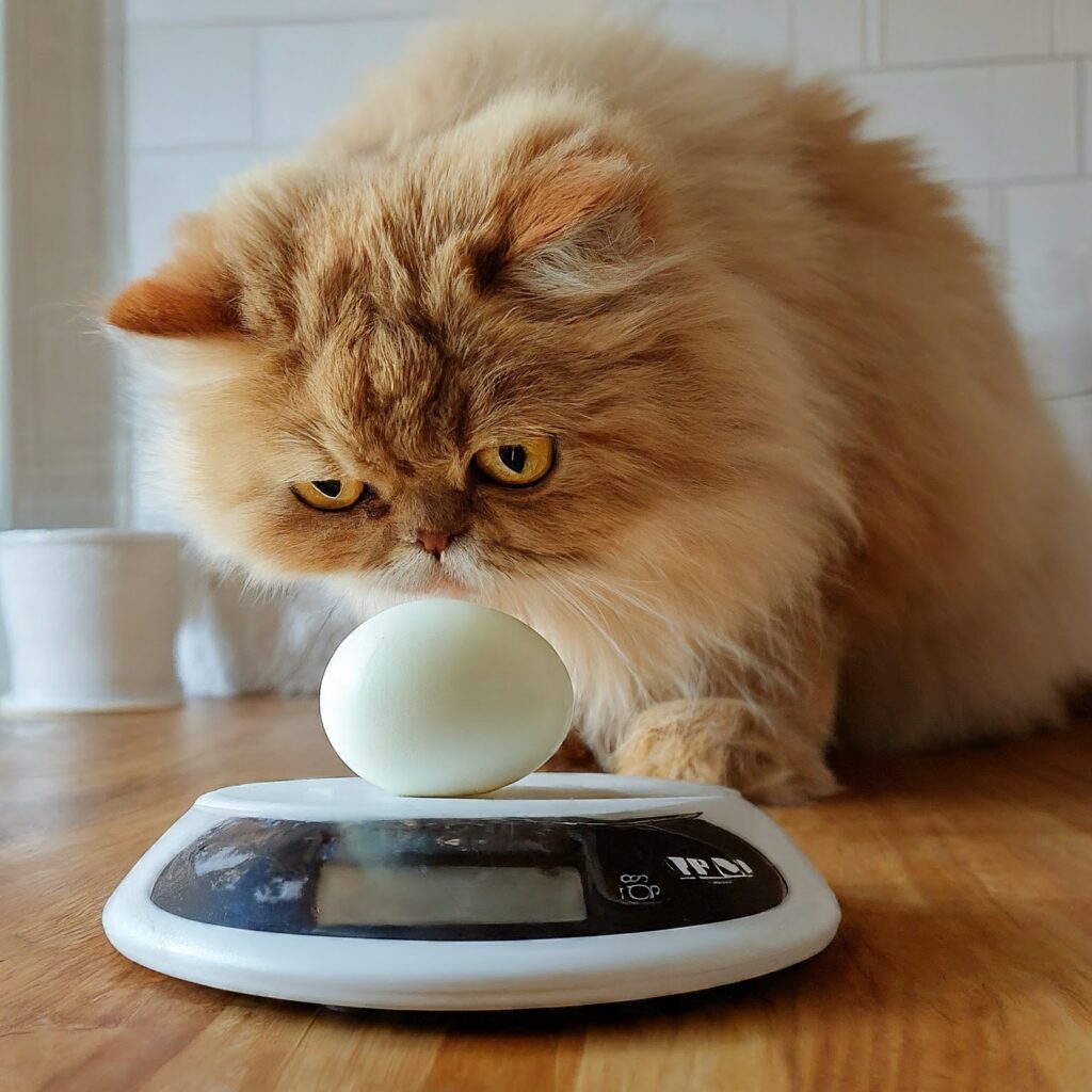 A curious cat sniffing a plate of scrambled eggs, questioning the appropriate amount to feed safely.