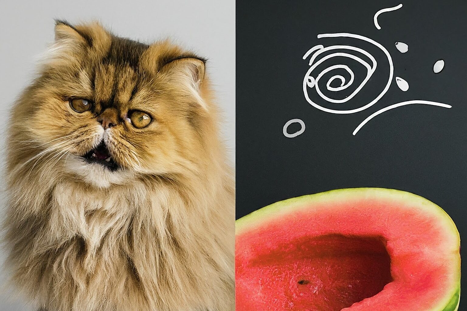 A curious cat sniffs a slice of watermelon, wondering if it's safe to eat.