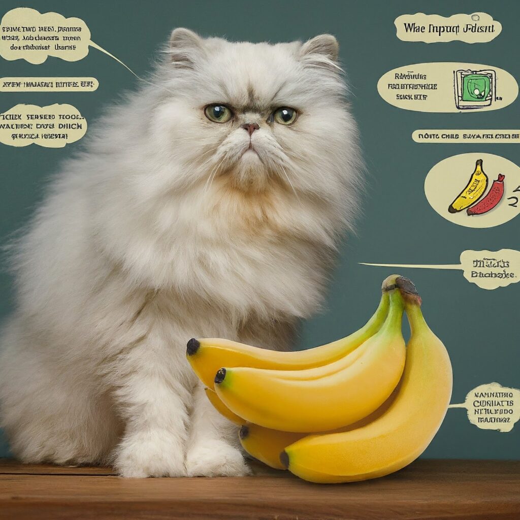 A fluffy Persian cat sitting beside a cluster of bananas, with a curious expression on its face