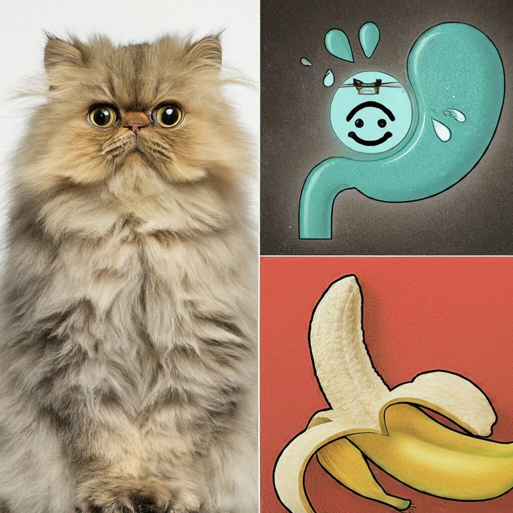 A Persian cat curiously sniffing a banana, with a question posed about the consequences of excessive banana consumption for cats